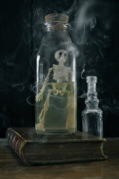 Halloween decor. Skeleton in a witch's potion.