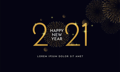 Happy new year 2021 typography text celebration social media poster vector design. Professional elegant golden customized number with fireworks explosion on dark sky background.