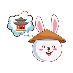 cute mid autumn rabbit with chinese hat and temple building in dream bubble