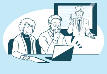 オンラインで商談する高齢の夫婦とビジネスマンのイラスト