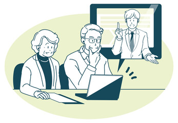 オンラインで商談する高齢の夫婦とビジネスマンのイラスト