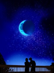 An illustration of lover’s back silhouette standing on the bridge in starry night sky	
