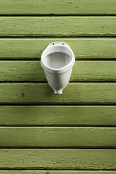 Unusable urinal hangs high on a green wooden wall