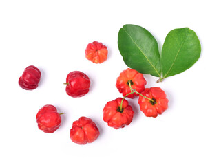 Flat lay (top view) of Acerola cherry with green leaf isolated on white background