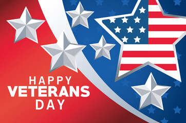 happy veterans day lettering with usa flag in star and colors background