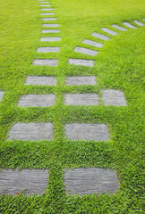 Walkway sheet stretching into the distance with green grass lawn in perspective view in garden. Garden landscape design concept, A row of square-shaped walkways in the public park.