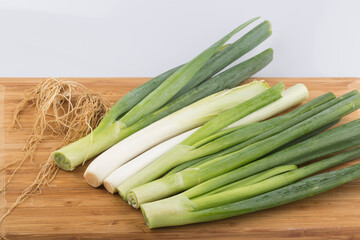 close up image of chopped spring green onions on a white background.