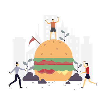 Hamburger flat illustration.Vector design.Suitable for landing page, ui, website, mobile app, editorial, poster, flyer, article, and banner.