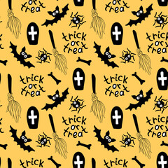 Happy Halloween-seamless pattern with set of characters-witch's broom, bones, spider, bat. Trick or treat-lettering. Textured background for greeting card, invitation, party poster, banner
