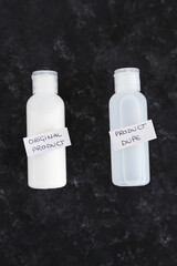 imitations and unfair competition, couple of body lotion bottles with Original vs Dupe product...