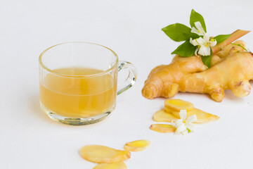 herbal healthy drinks hot water ginger vegetation for health care arrangement flat lay style on...