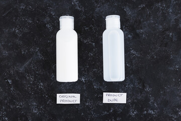 imitations and unfair competition, couple of body lotion bottles with Original vs Dupe product...