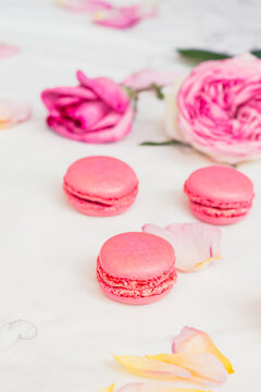 pink macarons with roses and petals