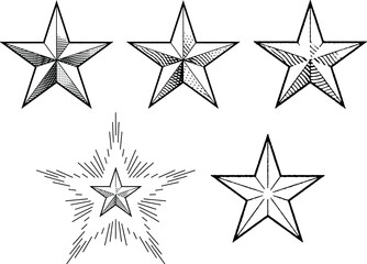 手描きのキラキラ星 vintage engraving Classic five pointed star,hand drawing