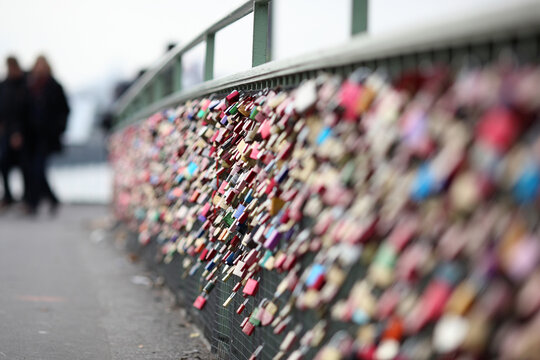 Romantic love locks on a bridge