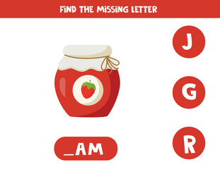 Find missing letter with cartoon jar of strawberry jam.