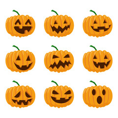 set of halloween pumpkins with different expressions, vector illustration on white background