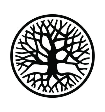 Vector black round tree with roots and branches outline silhouette drawing illustration in circle isolated on white background.Tree of Life.Family tree logo icon sign design.Tattoo.Sticker.Print decor