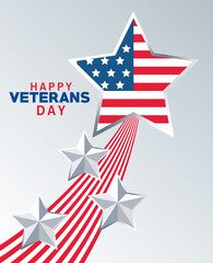 happy veterans day lettering with usa flag in star gray background