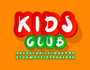 Vector creative logo Kids Club. Green sticker Font. Handwritten Alphabet Letters and Numbers set