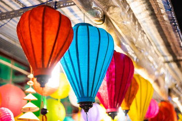 Decorated colorful lanterns hanging on a stand in the streets of Cholon in Ho Chi Minh City...