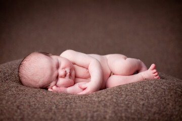 Newborn Baby Girl Sleeping Peacefully on Brown Blanket, Room for Text