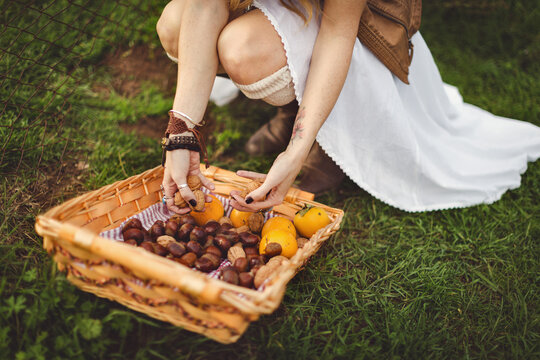 Woman gathering fresh fruit in a basket