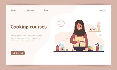 Cooking school. Online culinary master class. Landing page template. Muslim girl in hijab preparing homemade meals for lunch or dinner. The chef teaches to cook. Flat cartoon vector illustration.