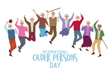 international older persons day lettering with old people jumping celebrating