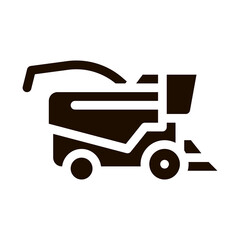 Farming Harvester Vehicle Vector Icon. Agricultural Tractor Harvester For Harvesting Working On Farm Field. Ingathering Machine Pictogram. Monochrome Illustration