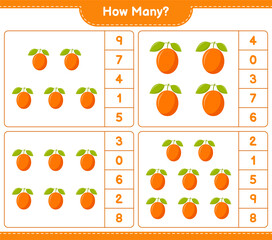 Counting game, how many Ximenia. Educational children game, printable worksheet, vector illustration