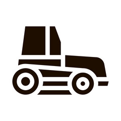 Farmland Tractor Vehicle Vector Icon. Agricultural Farm Tractor For Different Type Trailer. Transportation Harvesting Machine Pictogram. Monochrome Illustration