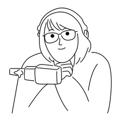 Cute woman radio announcer. Line art vector illustration