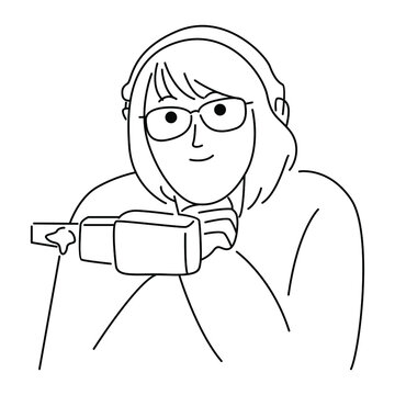 recommend clip art: Cute woman radio announcer. Line art vector illustration