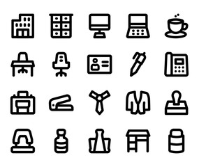 Office Supplies Line Icon Set . Office, Computer, Desk, Laptop, Workplace Icon - Vector Illustration .