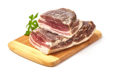 Homemade Chunks of salted bacon, pork lard, isolated on white background