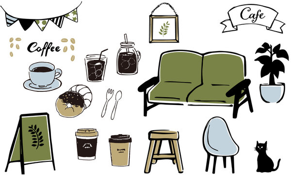 cafeの家具雑貨のイメージイラスト Illustration set of furniture and miscellaneous goods in the cafe