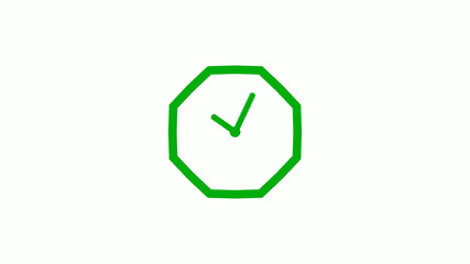 New green color 12 hours counting down clock icon on white background,clock isolated without trick