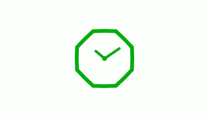 New green color 12 hours counting down clock icon on white background,clock isolated without trick