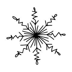 A graceful snowflake with a subtle pattern in the form of a light zigzag, with drops at the end of each ray.  Short additional branches extend from the base.  Vector drawing.