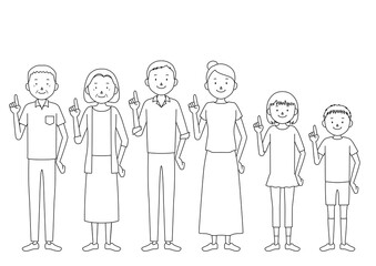 Illustration of a three generation family (grandfather, grandmother, father, mother, girl, boy set) Pointing pose