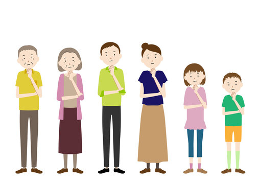 Illustration of a three generation family (grandfather, grandmother, father, mother, girl, boy set) Pose to bend the neck