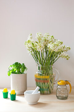 Tableau or kitchen vignette with flowers and basil and utensils