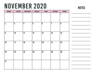 Calendar November 2020 template vector illustration. Week starts on Monday