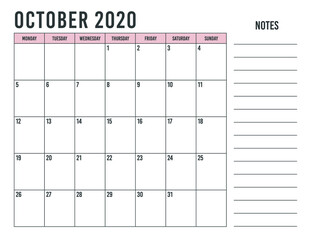 Calendar October 2020 template Monthly calendar. Daily planner