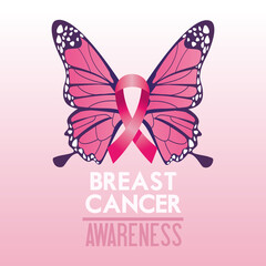 breast cancer awareness month campaign poster with ribbon pink and butterfly