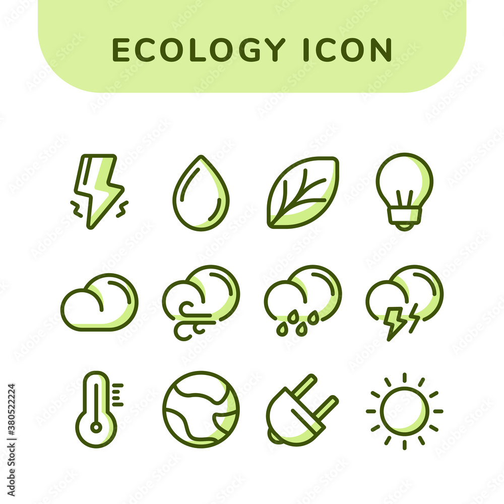 Poster ecology icon set collections pack with outline dotted and shadow color outline style