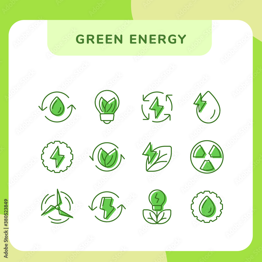 Poster green energy icon set collections pack with modern outline line style and shadow style