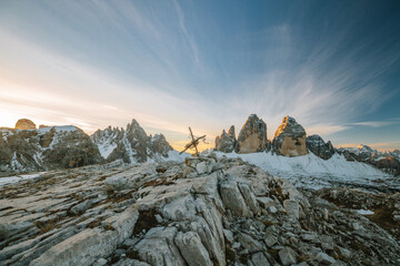 famous three peaks at sunrise with a memorial crucifix from world war 1