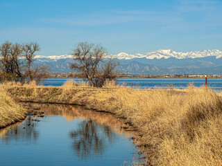 Barr Lake and Canal with Rocky Mountains in background